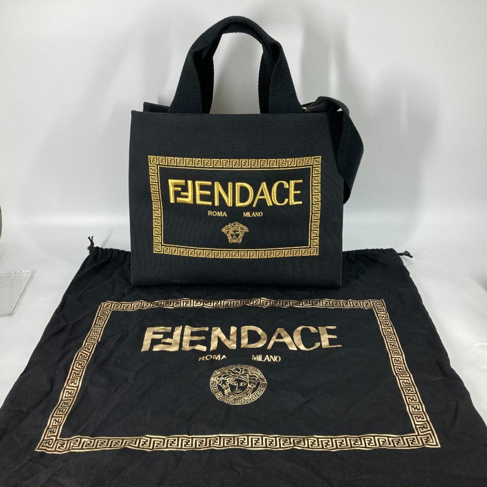 Fendi 8BH395 VERSACE collaboration 2WAY Tote Bag Crossbody Shoulder Bag Black Gold — Like New
