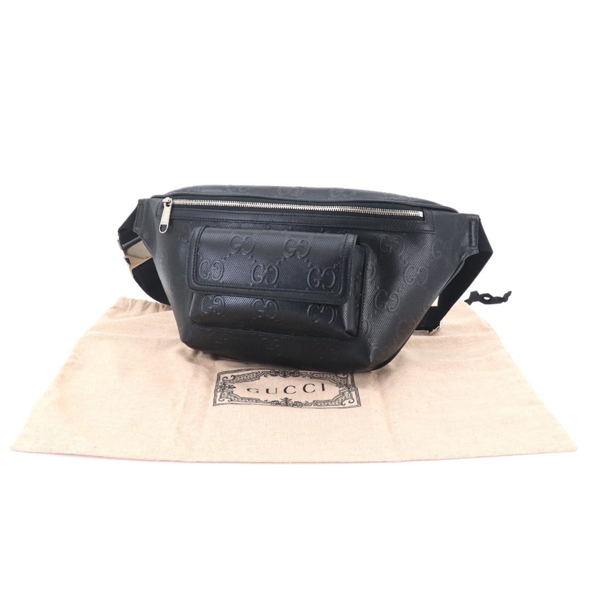 Gucci GG Embossed Belt Handbag, Leather, Black, 645093, Silver Hardware — New - Store Return