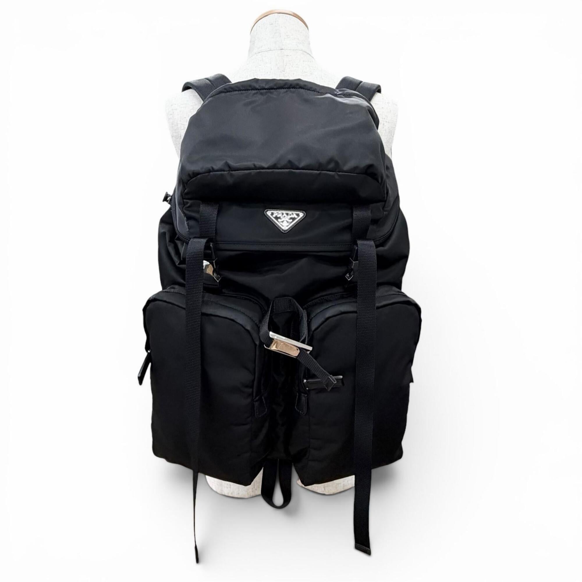 PRADA 2VZ019 Triangle Logo Re-Nylon Leather Backpack Daypack Black Made in Italy Men's with Dust Bag — Like New
