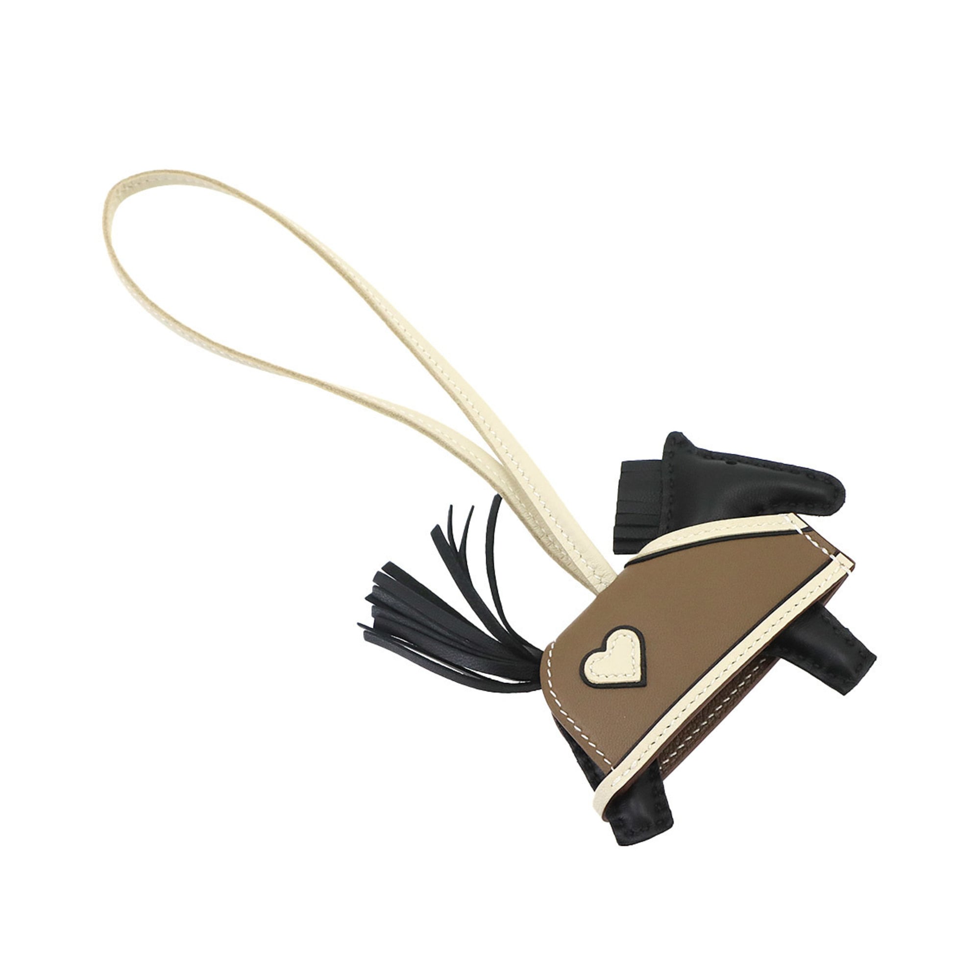 Hermes Rodeo Robeo Coeur PM accessory bag charm, Agneau Milo Swift leather, black, Etoupe, Craie, G stamp — New - Store Return