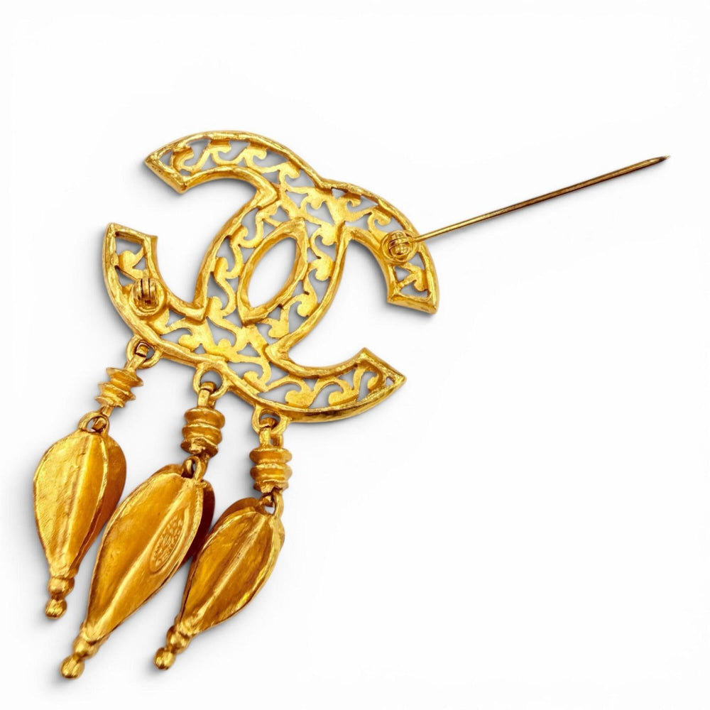 CHANEL Vintage 95A Coco Mark Brooch with Fringe, Gold, Made in France, Women's Accessory — Like New
