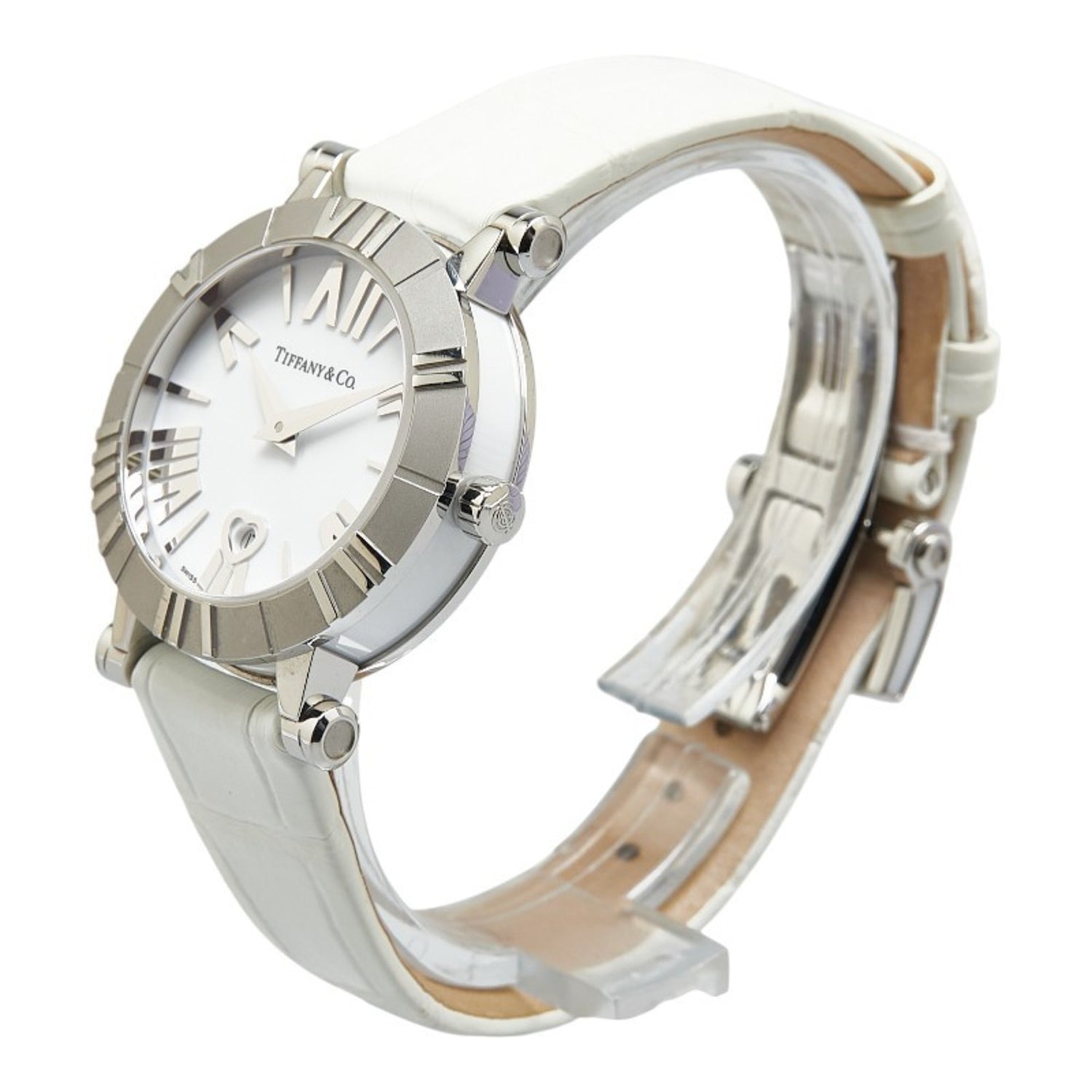 Tiffany & Co. Atlas Heart Date Watch Z1300.11.11A20A71A, Quartz Movement, White Dial, Stainless Steel, Leather, Women's