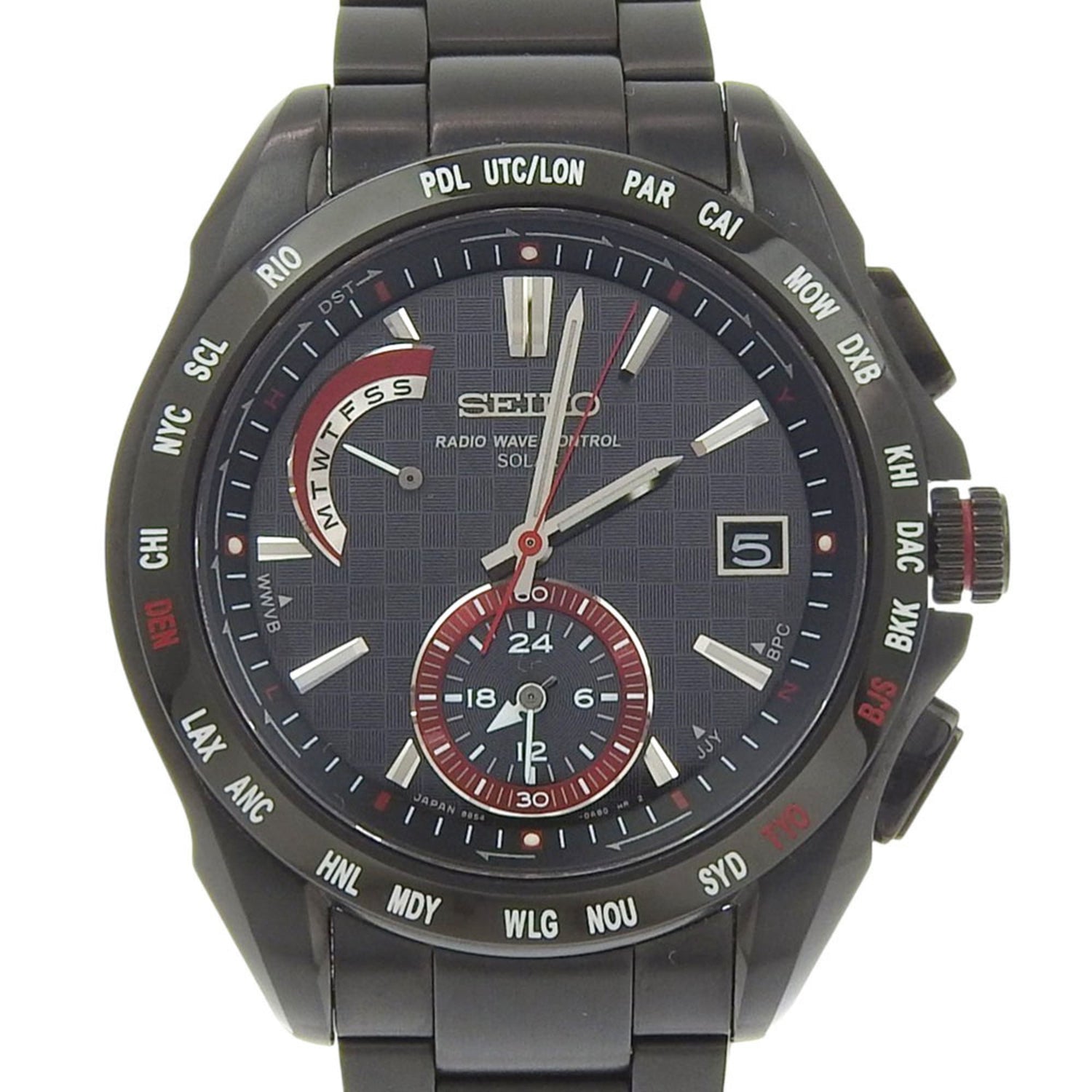 Seiko Brightz Watch, Yu Darvish Model 8B54-0AA0, Stainless Steel, Black, Solar Powered, Radio Controlled, Multi-Hand Analog, Black Dial, Brights, Men's Watch