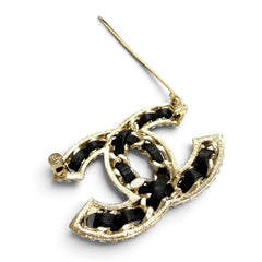 CHANEL B23P Coco Mark Lambskin Rhinestone Brooch, Black with Gold Hardware, Made in Italy, Women's, Very Popular — Like New