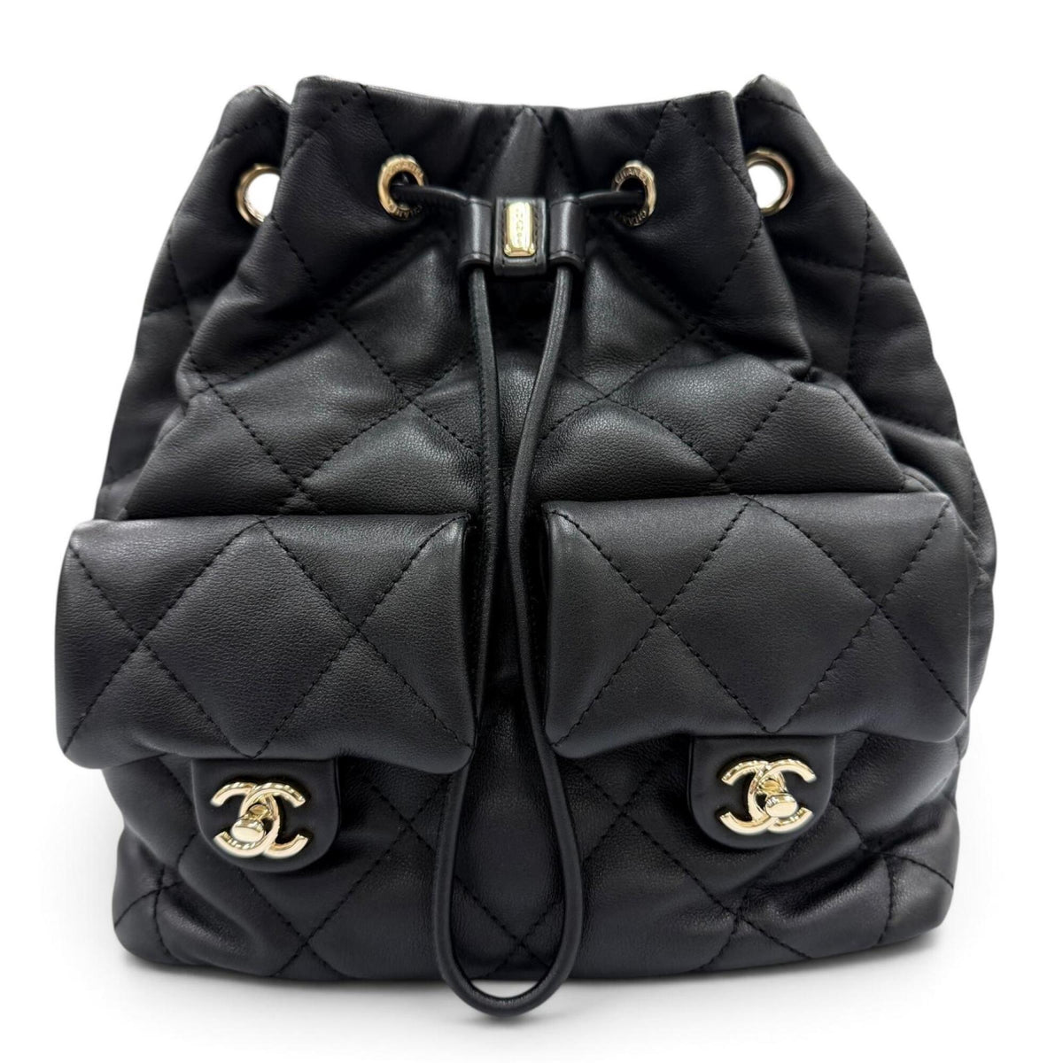 CHANEL AS4342 Matelassé Coco Mark Two-Pocket Calfskin Backpack/Daypack, Black with Gold Hardware, Made in Italy, Women's, Box and Dust Bag — New - Store Return