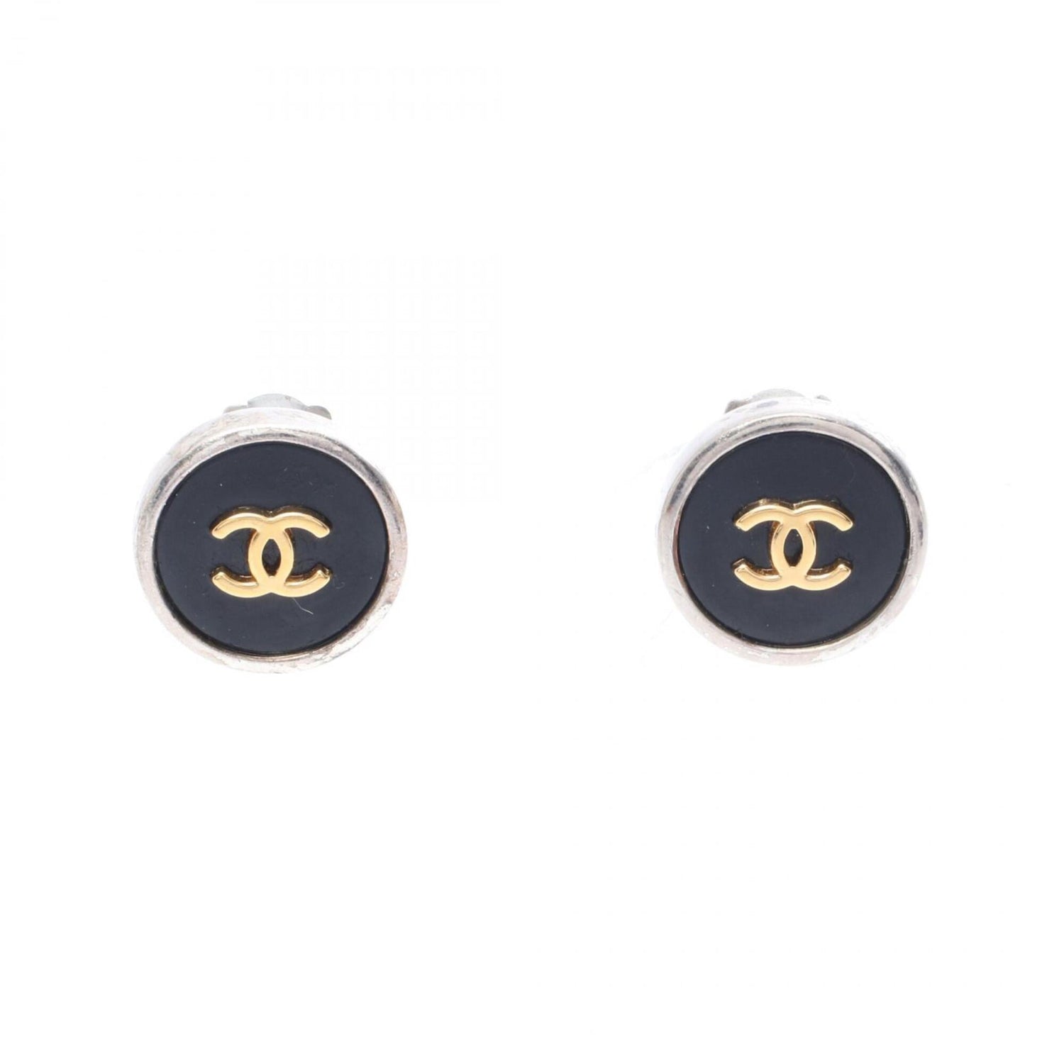 Chanel Coco Mark Circle Earrings, Stainless Steel, Gold Plated (GP), Women's, Silver, Black,