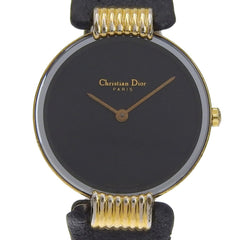 Christian Dior Bakira Watch 46.153-4 Gold Plated x Leather Strap Quartz Analog Black Dial Women's — Good