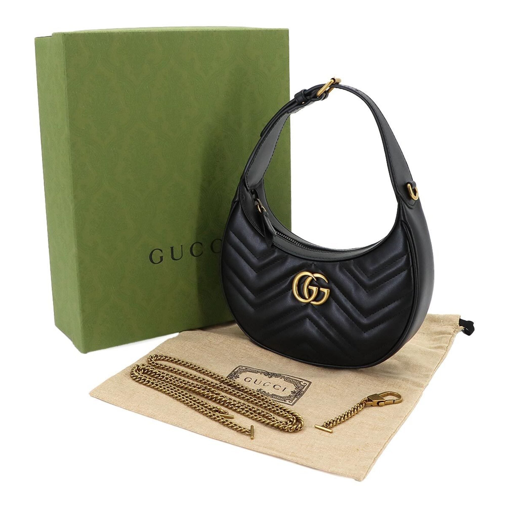 Gucci GG Marmont Half Moon Shaped Mini 2-way Hand/Shoulder Handbag, Leather, Black, 699514 — New - Store Return