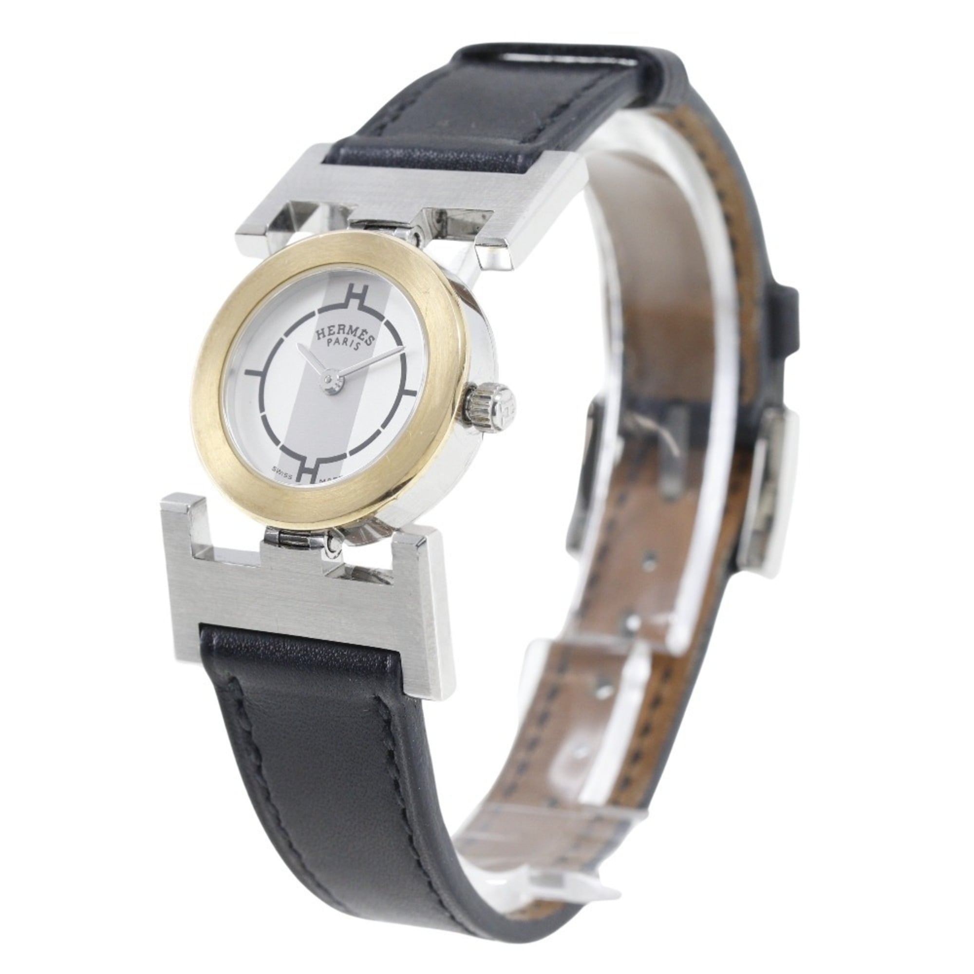 Hermes HERMES Paprika Watch PA1.220 Stainless Steel x Leather 2002 □F Quartz Analog Display White Dial Ladies — Good