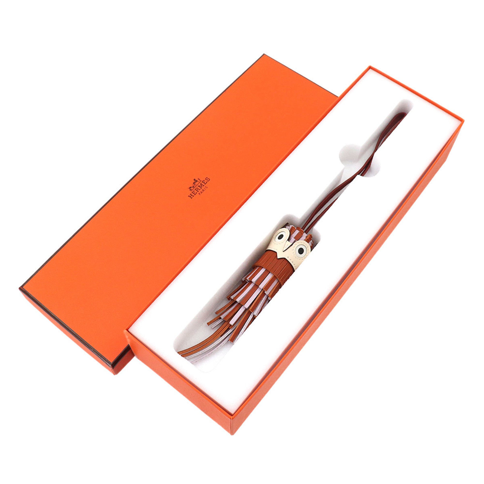 Hermes Chouette Owl Accessory Bag Charm, Agneau Milo Swift Epsom Leather, Pain d'Épice, Mauve Père, Sienne, Nata, W Stamp — New - Store Return