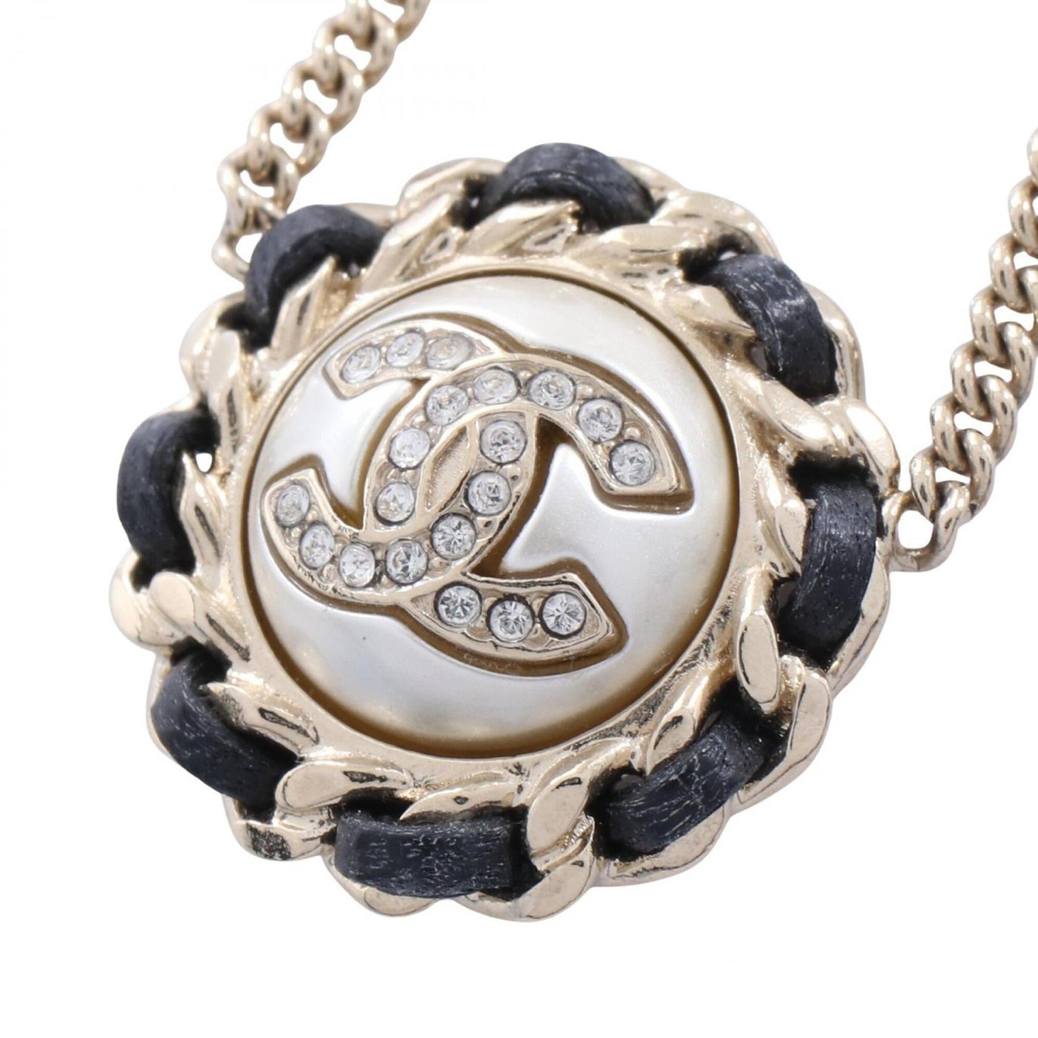 Chanel Coco Mark Circle Necklace Jewelry GP (Gold Plated) Leather Faux Pearl Rhinestone Women's Gold Tone Clear White B21K