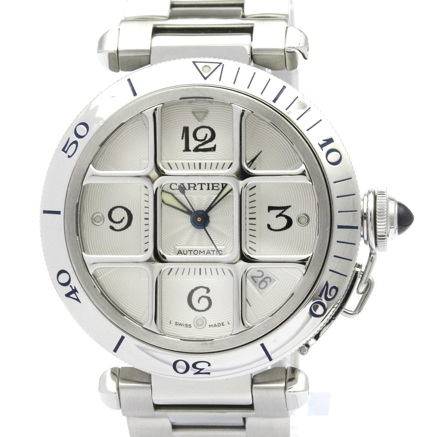 CARTIER Pasha 38 Grid Steel Automatic Mens Watch W31040H3 Polished