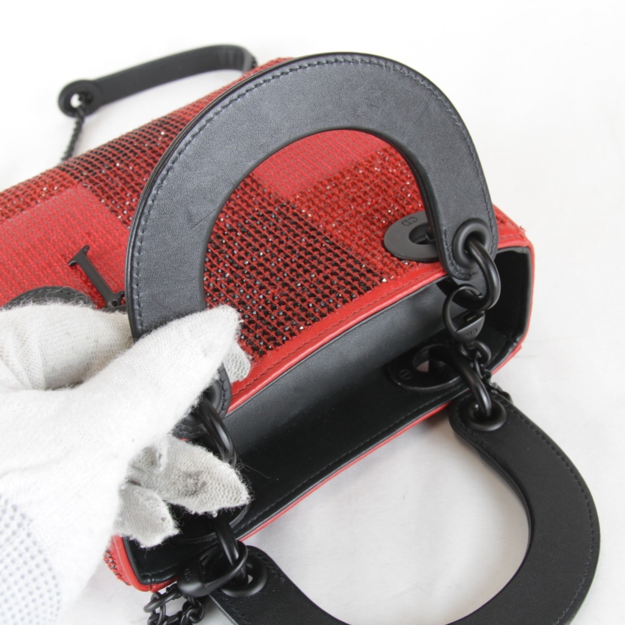 Christian Dior shoulder bag, leather/rhinestone, red, women's — Like New