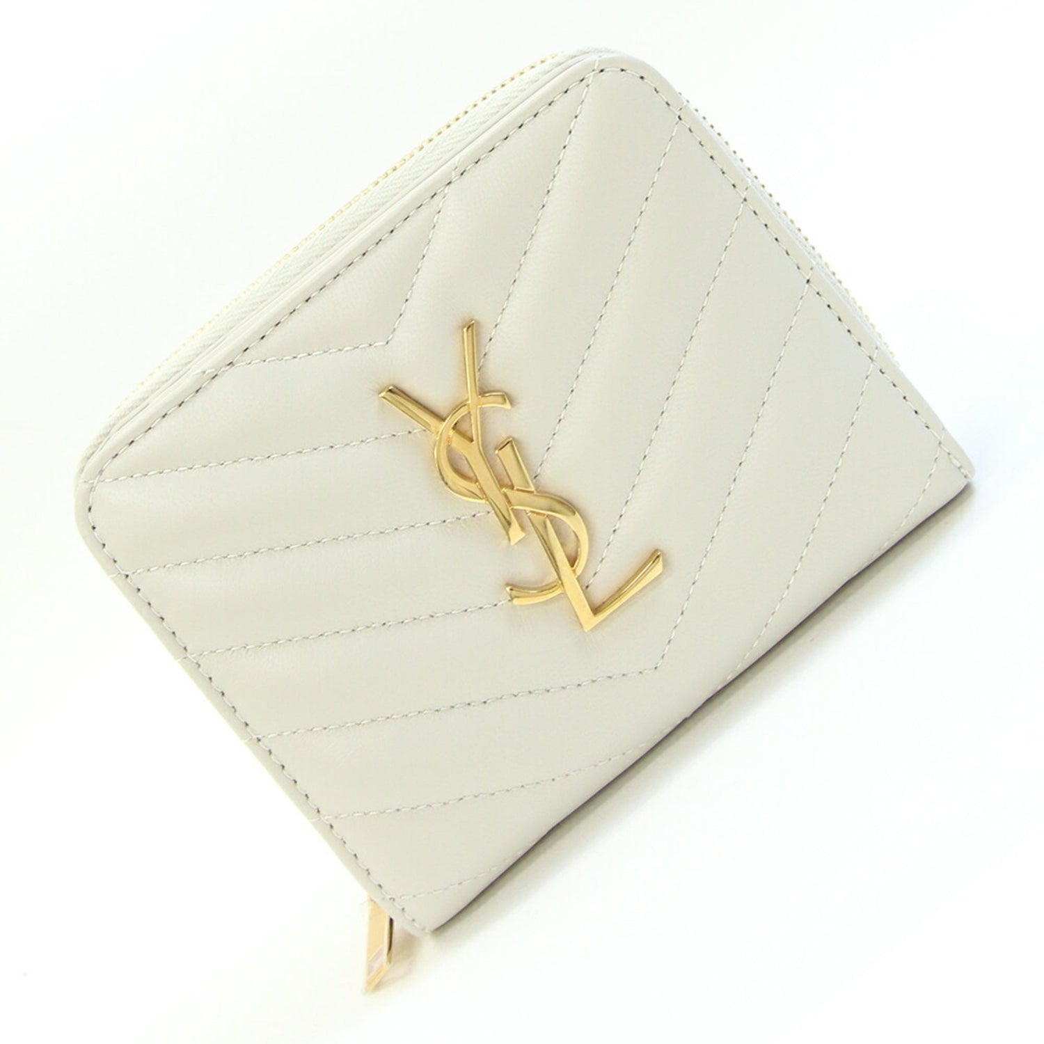 Saint Laurent Bi-fold Wallet 668288 Off-white Leather Compact Round Zip YSL Quilted Women's SAINT LAURENT