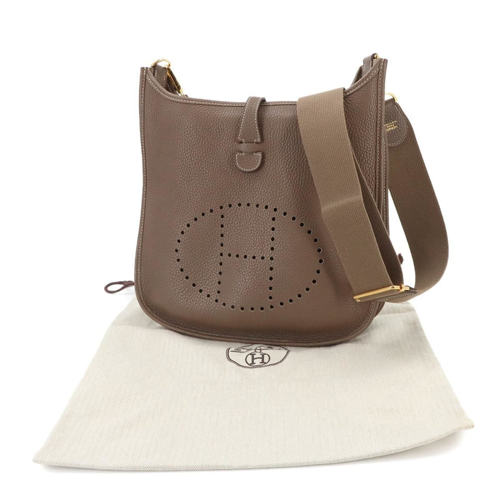 Hermes Evelyne 3 PM Shoulder Handbag, Taurillon Clemence Leather, Etoupe, D Stamp, Gold Hardware — Like New
