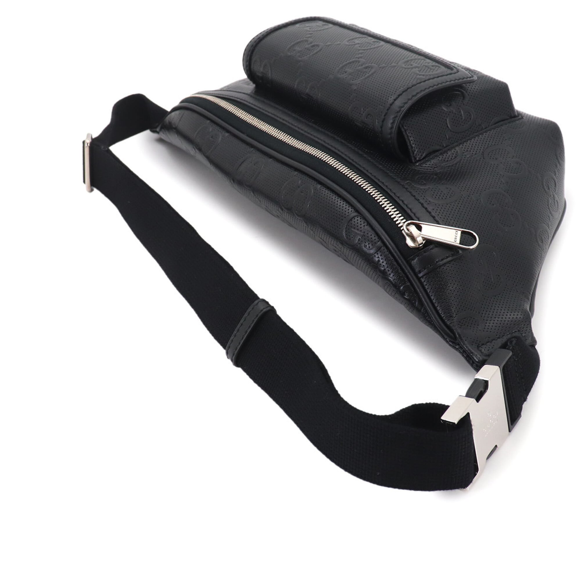 Gucci GG Embossed Belt Handbag, Leather, Black, 645093, Silver Hardware — New - Store Return
