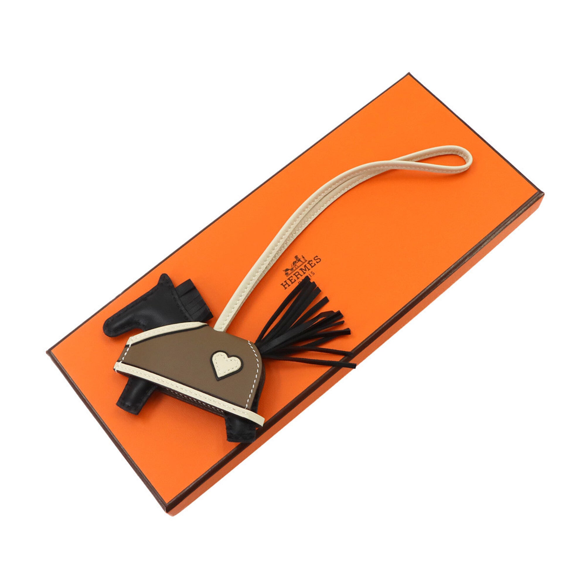 Hermes Rodeo Robeo Coeur PM accessory bag charm, Agneau Milo Swift leather, black, Etoupe, Craie, K stamp — New - Store Return