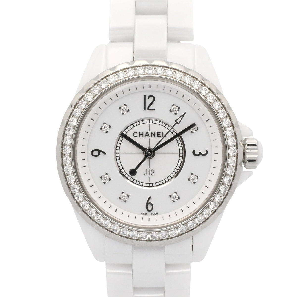 Chanel J12 Diamond Bezel 8-Diamond Watch, Ceramic, Diamond, Ladies, White, H3110 — Very Good