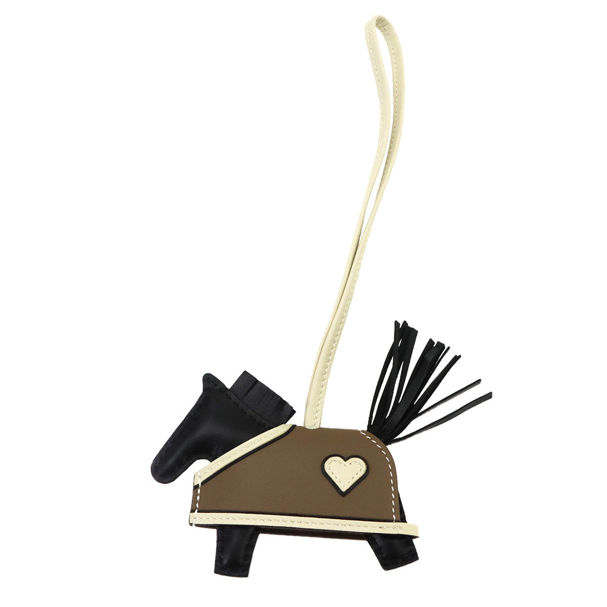 Hermes Rodeo Robeo Coeur PM accessory bag charm, Agneau Milo Swift leather, black, Etoupe, Craie, K stamp — New - Store Return