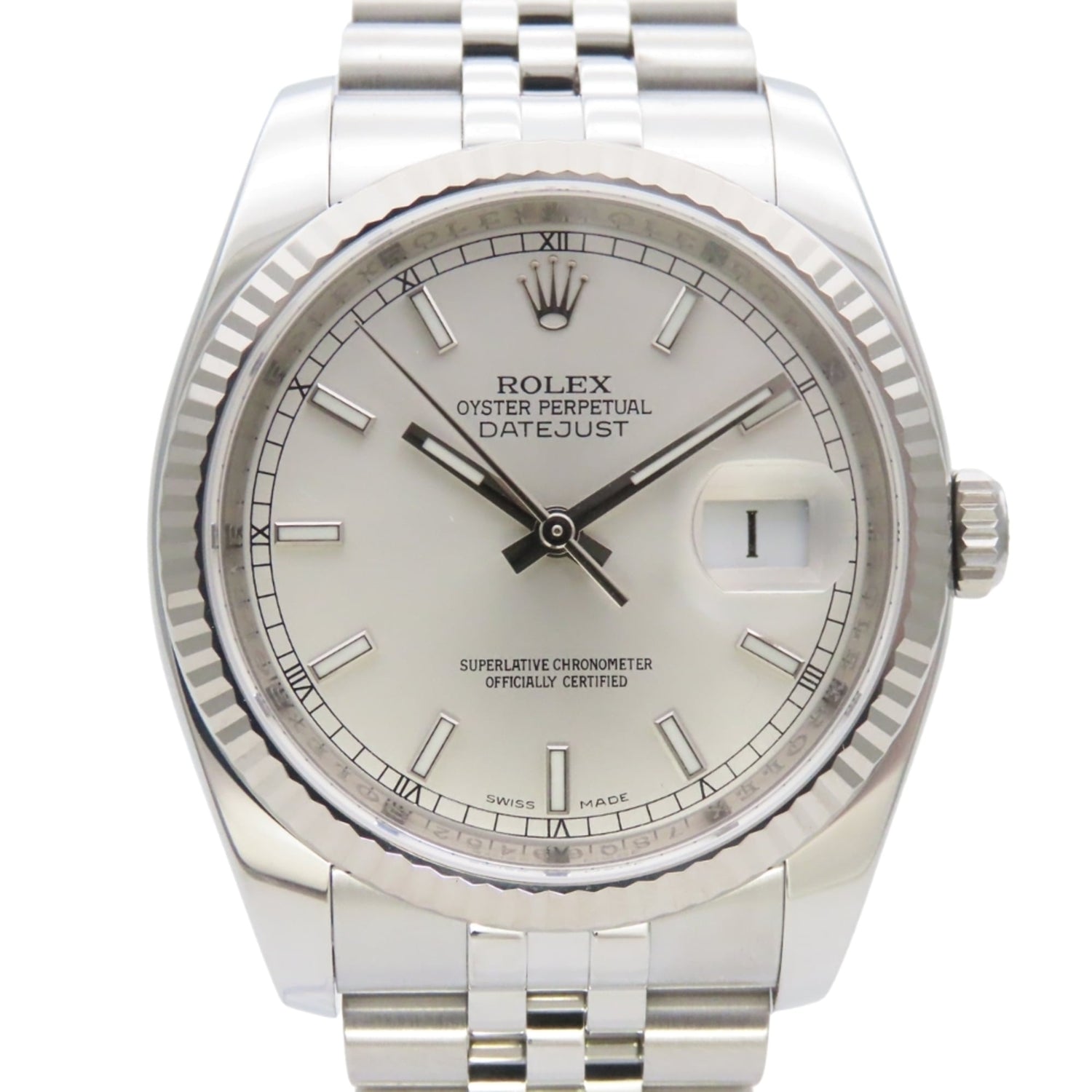 Rolex Datejust 36 116234 Stainless Steel, 18K White Gold, Silver Dial, Bar Index, Men's Watch