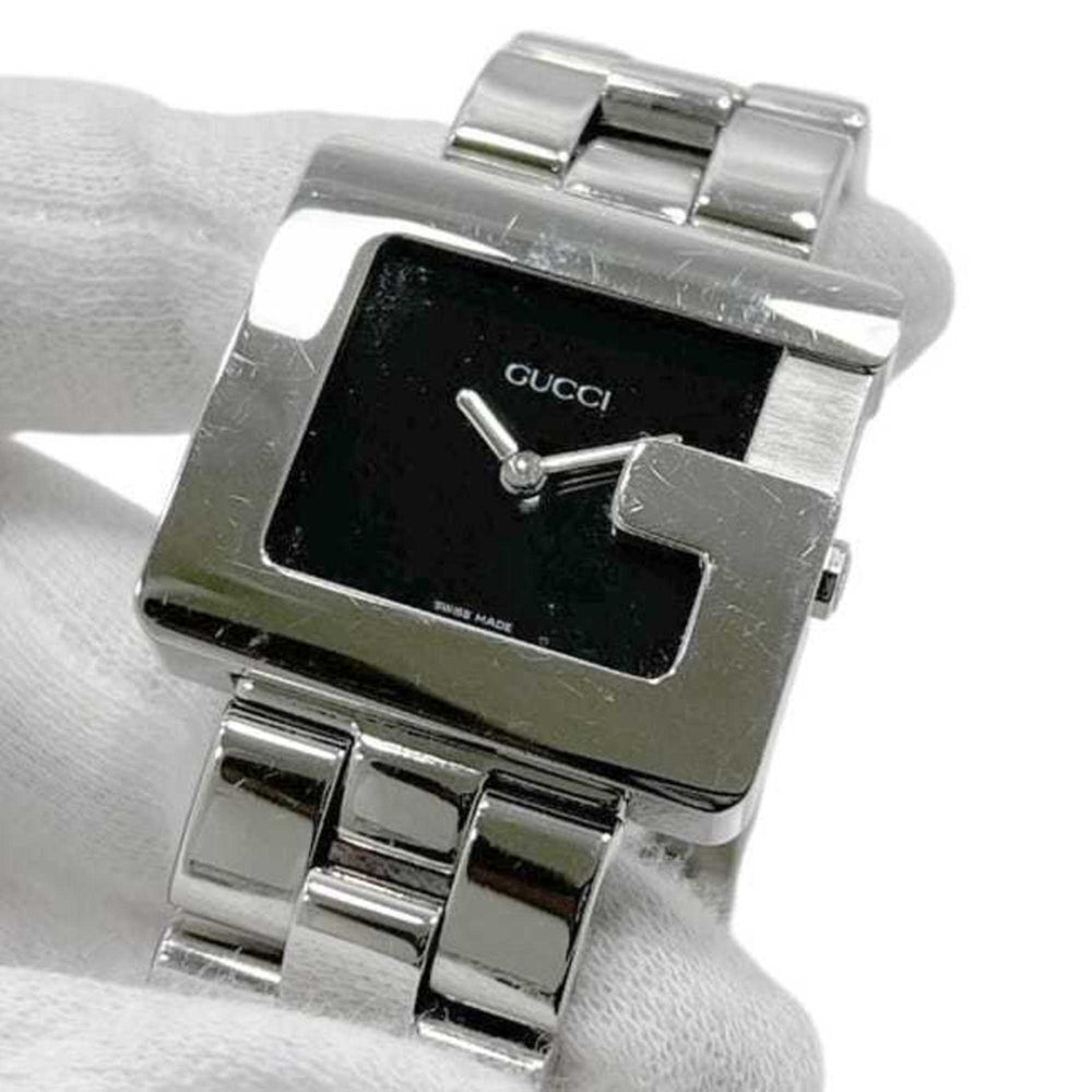 Gucci G-Square Watch f-24540 Black/Silver 3600J Stainless Steel Quartz Movement 0013*** GUCCI Square Battery-Operated Black Dial Two-Hand Analog Men's Women's Boys' Sizes Metal Bracelet — Very Good