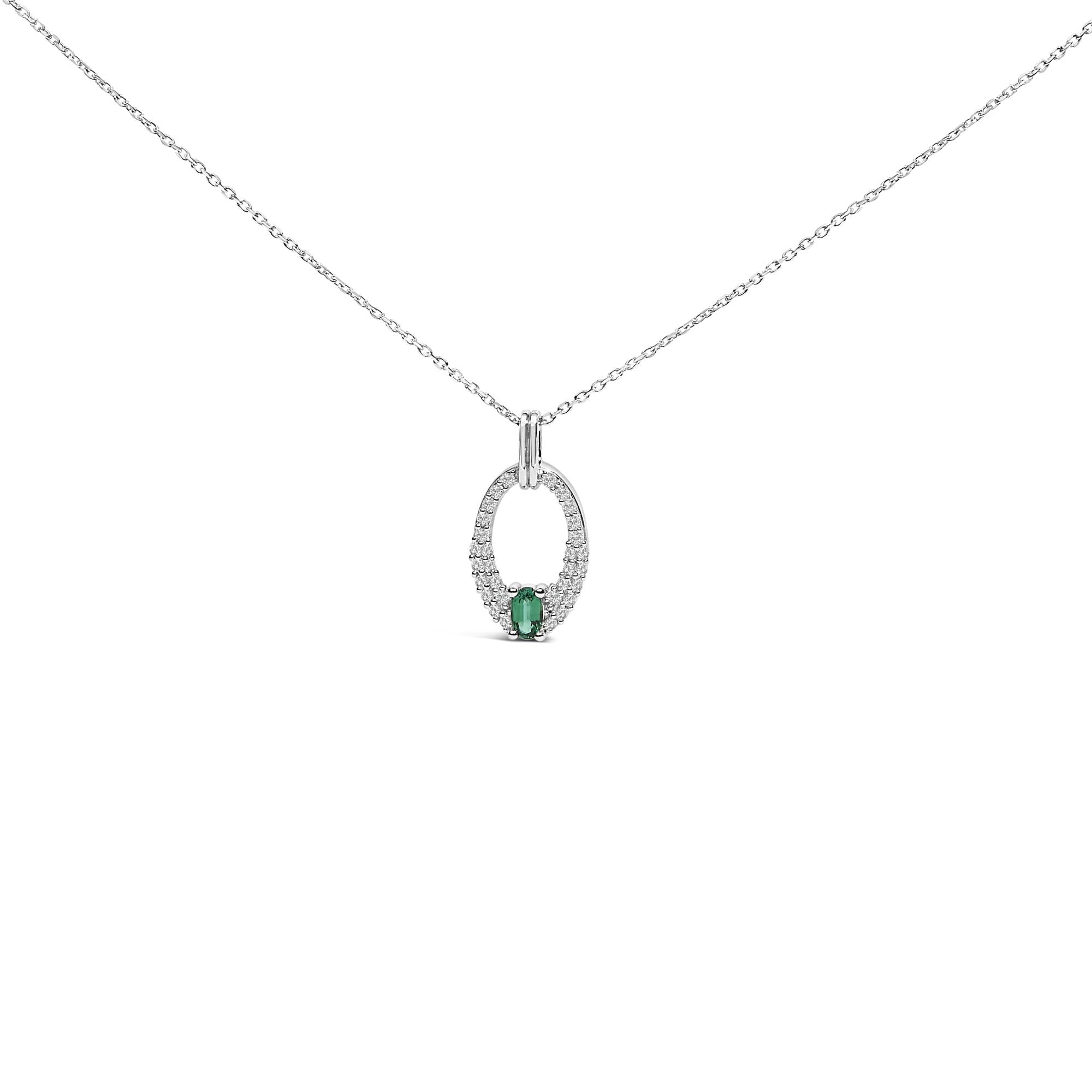 .925 Sterling Silver Created Green Emerald and White Sapphire Oval Shaped Pendant Necklace - 18" Inches