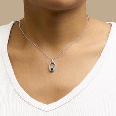 .925 Sterling Silver Created Green Emerald and White Sapphire Oval Shaped Pendant Necklace - 18" Inches
