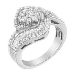 14K White Gold 1.0 Cttw Baguette & Brilliant-Cut Diamond Round Floral Cluster Engagement or Fashion Ring with Swirl Wrapped Triple Row Band (H-I Color, SI2-I1 Clarity)