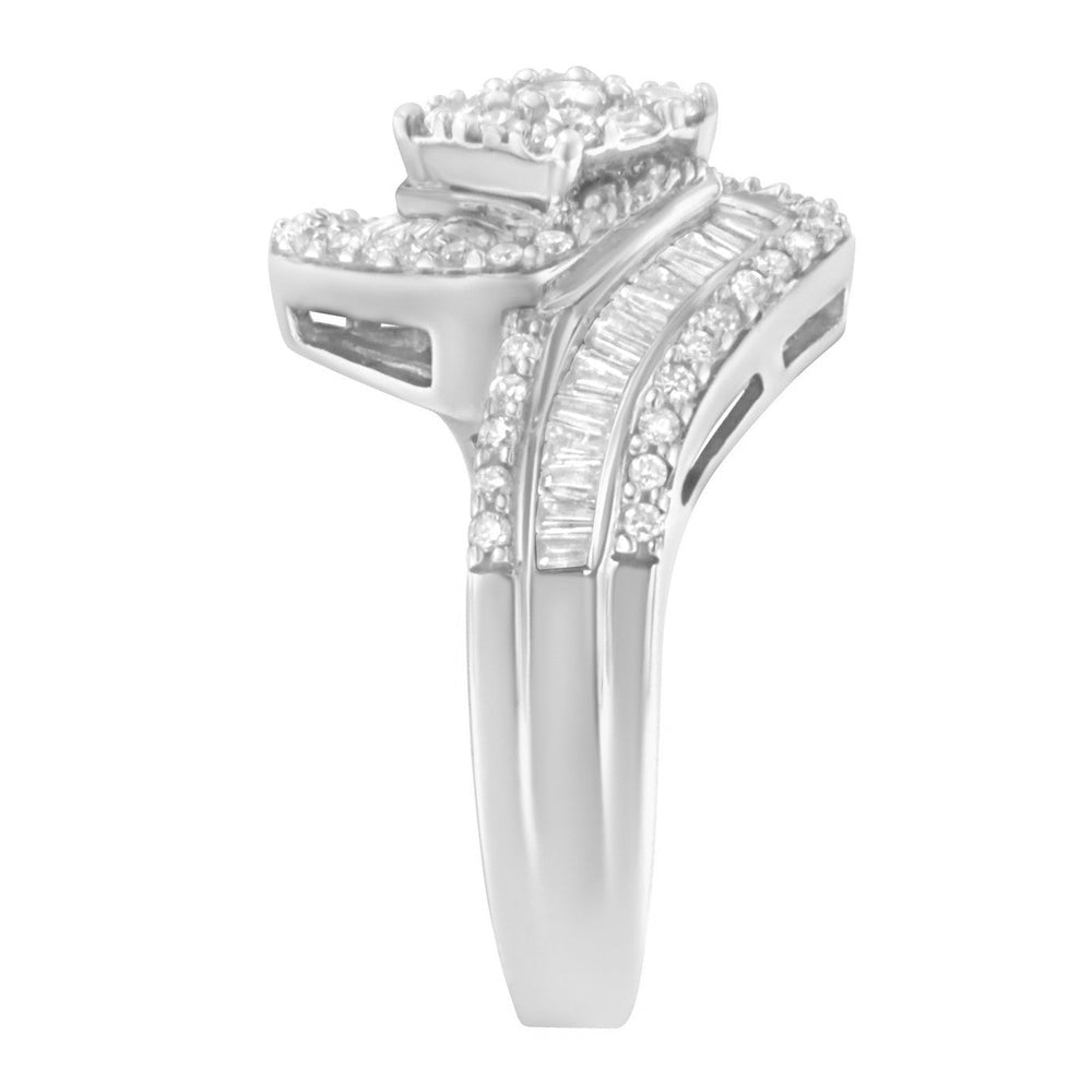 14K White Gold 1.0 Cttw Baguette & Brilliant-Cut Diamond Round Floral Cluster Engagement or Fashion Ring with Swirl Wrapped Triple Row Band (H-I Color, SI2-I1 Clarity)