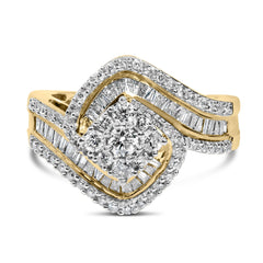 14K Yellow Gold 1.0 Cttw Baguette & Brilliant-Cut Diamond Round Floral Cluster Engagement or Fashion Ring with Swirl Wrapped Triple Row Band (H-I Color, SI2-I1 Clarity)