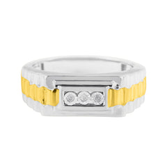 10K Yellow Gold Plated .925 Sterling Silver Diamond Accent Miracle-Set 3 Stone Ridged Band Gentlemen's Fashion Ring (I-J Color, I2-I3 Clarity)