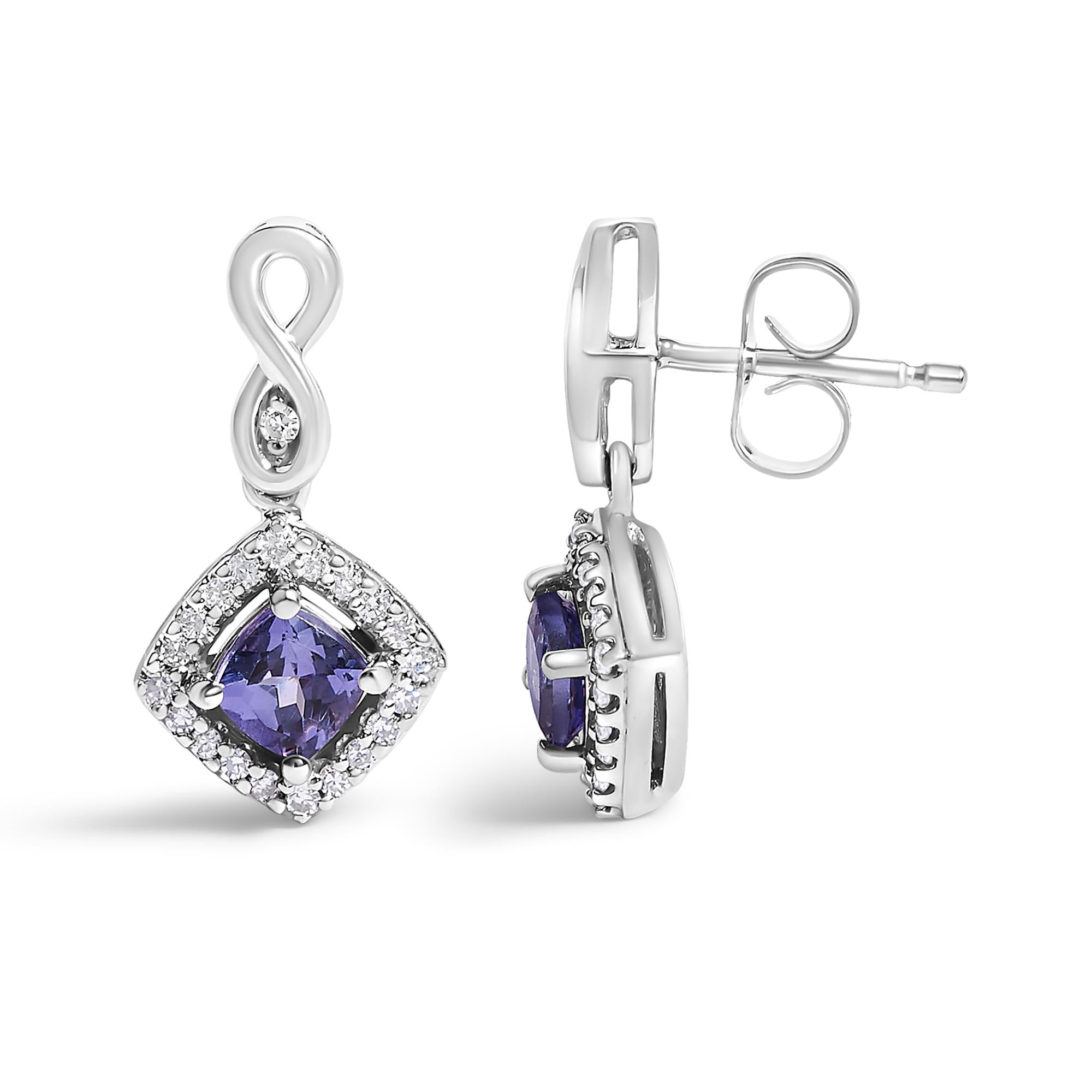 10K White Gold Blue Purple Tanzanite and Diamond Halo Cushion Shaped Drop Earrings (I-J Color, I1-I2 Clarity)