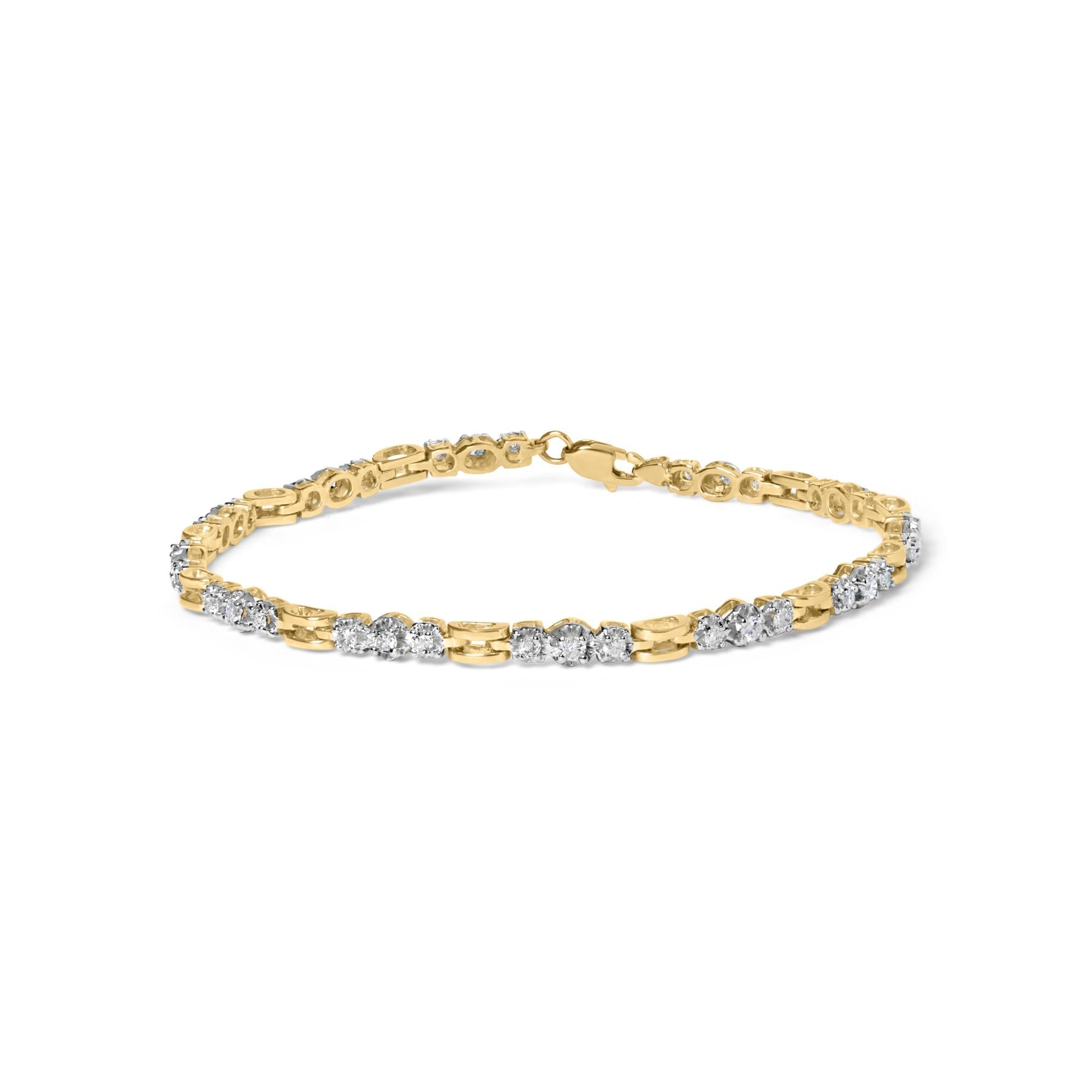 10k Yellow Gold 1.00 Cttw Diamond 3 Stone Link Bracelet (I-J Color, I1-I2 Clarity) -7.25" Inches