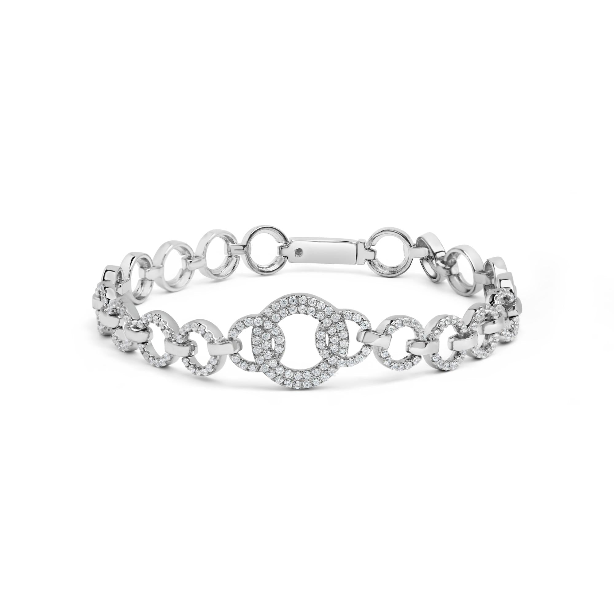 .925 Sterling Silver 1.00 Cttw Diamond Interlinking Open Circle Link Bracelet