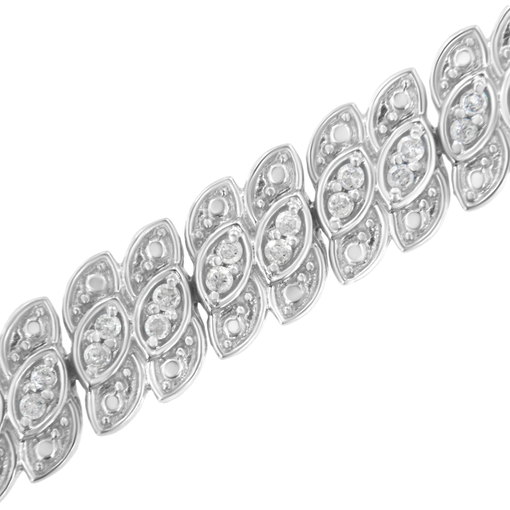 .925 Sterling Silver 1.0 cttw Prong-Set Round-cut Diamond Leaf and Pear Shaped Link Tennis Bracelet (I-J Color, I2-I3 Clarity) - 7.25"