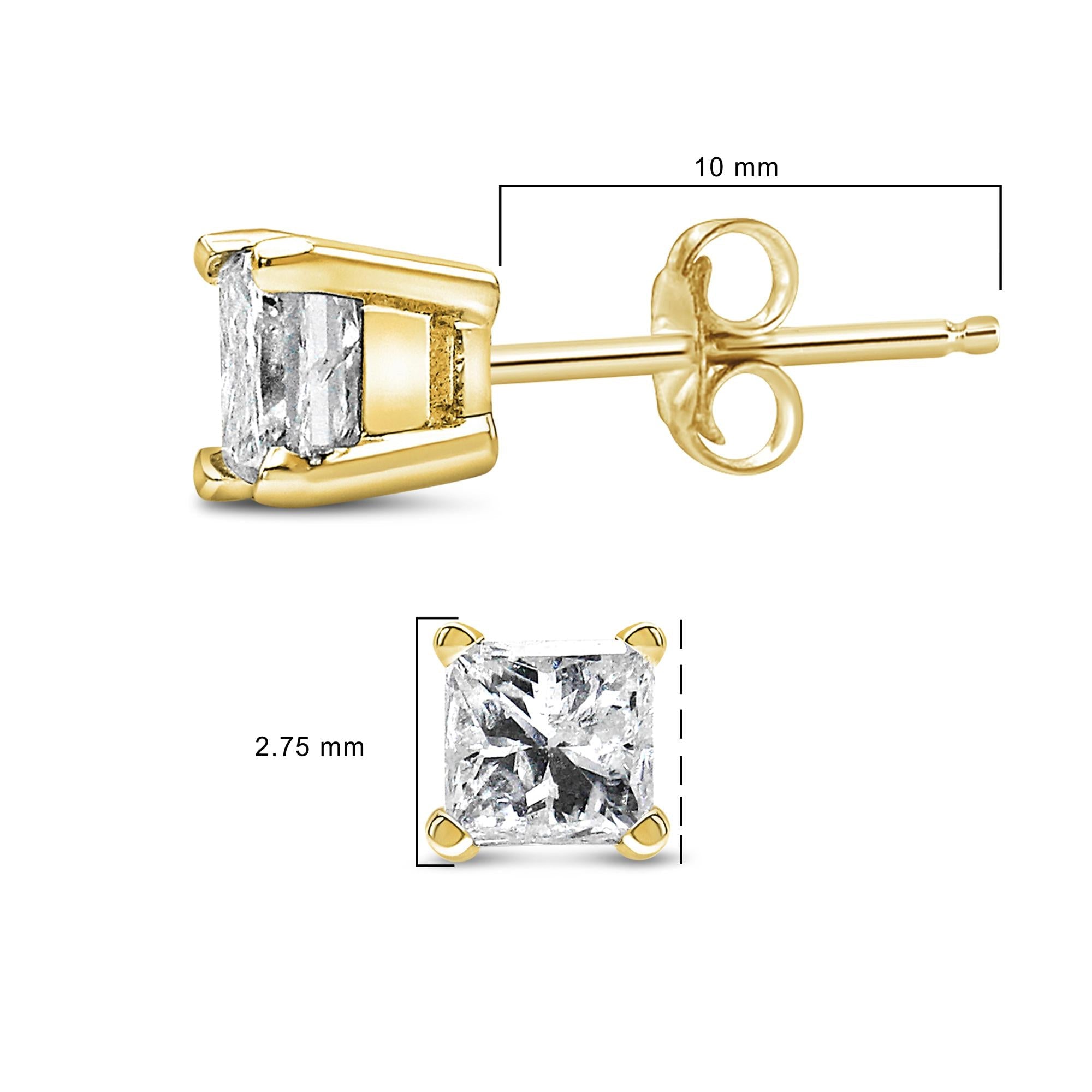 AGS Certified 14k Yellow Gold 1/4 cttw 4-Prong Set Princess-Cut Solitaire Diamond Push Back Stud Earrings (F-G Color, SI1-SI2 Clarity)