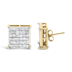 10K Yellow Gold 2.0 Cttw Invisible-Set Princess-Cut Diamond Stud Earrings