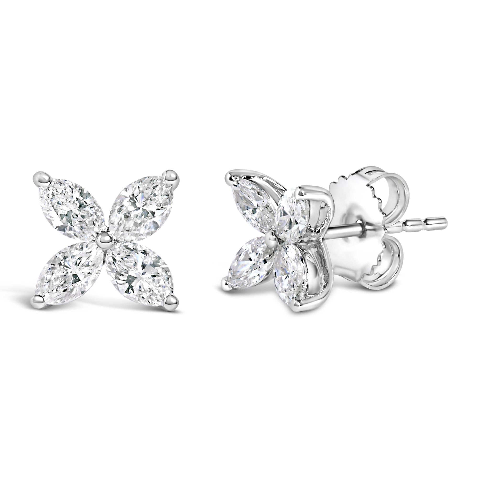 14K White Gold 1.0 Cttw Lab Grown Marquise Diamond 8 Stone Floral Leaf Stud Earrings (F-G Color, VS2-SI1 Clarity)