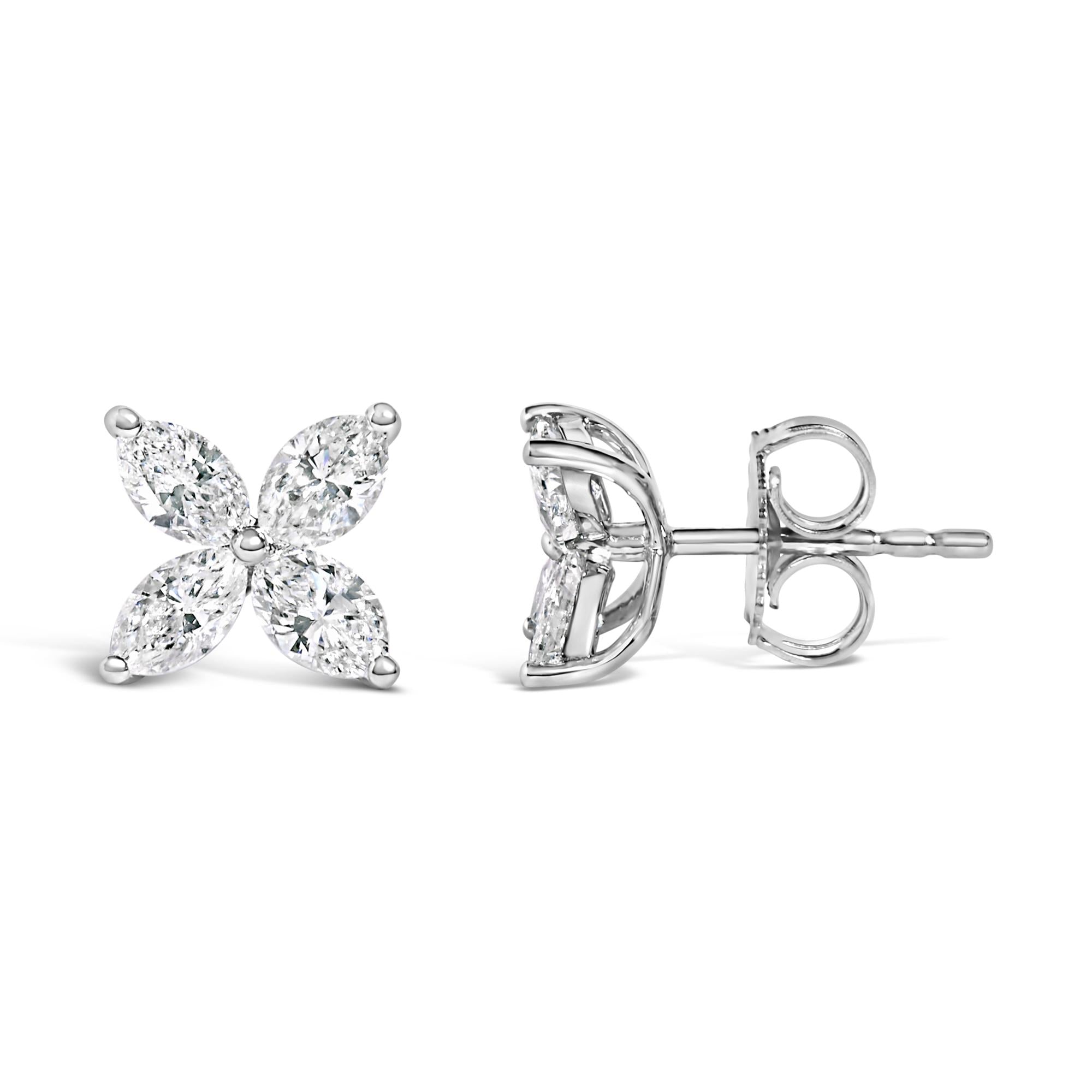 14K White Gold 1.0 Cttw Lab Grown Marquise Diamond 8 Stone Floral Leaf Stud Earrings (F-G Color, VS2-SI1 Clarity)