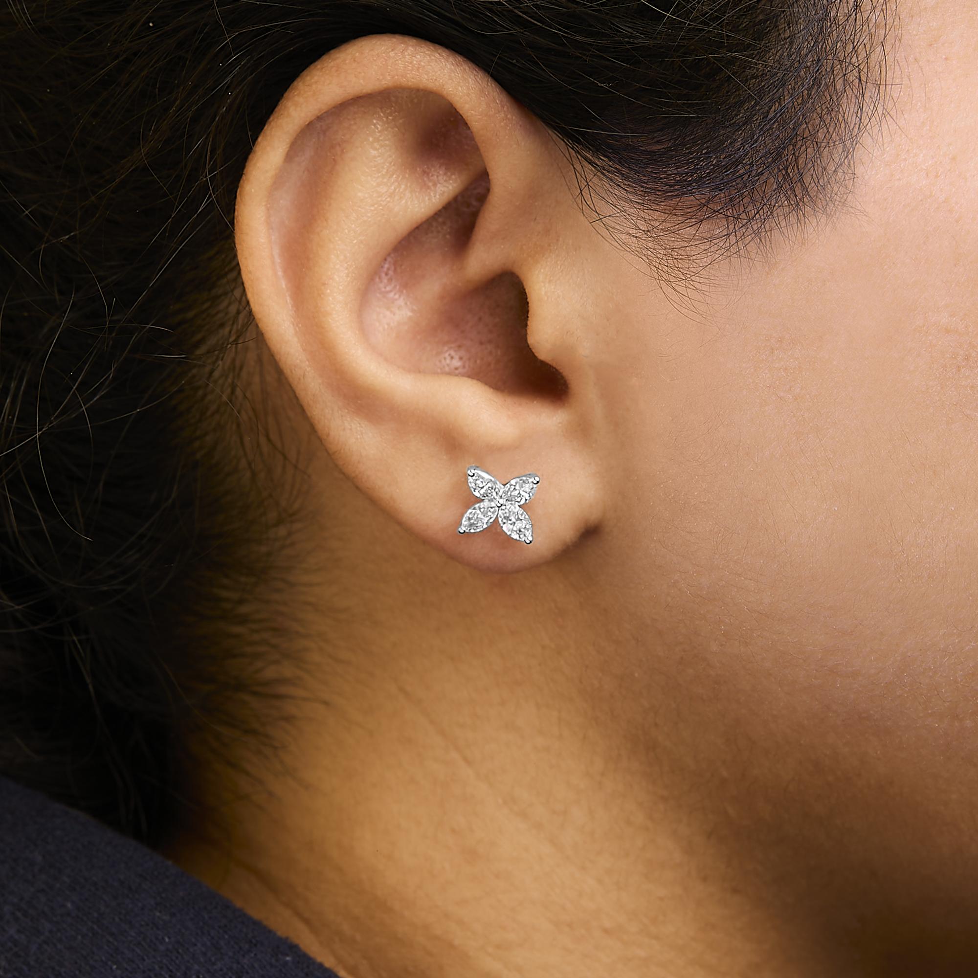 14K White Gold 1.0 Cttw Lab Grown Marquise Diamond 8 Stone Floral Leaf Stud Earrings (F-G Color, VS2-SI1 Clarity)
