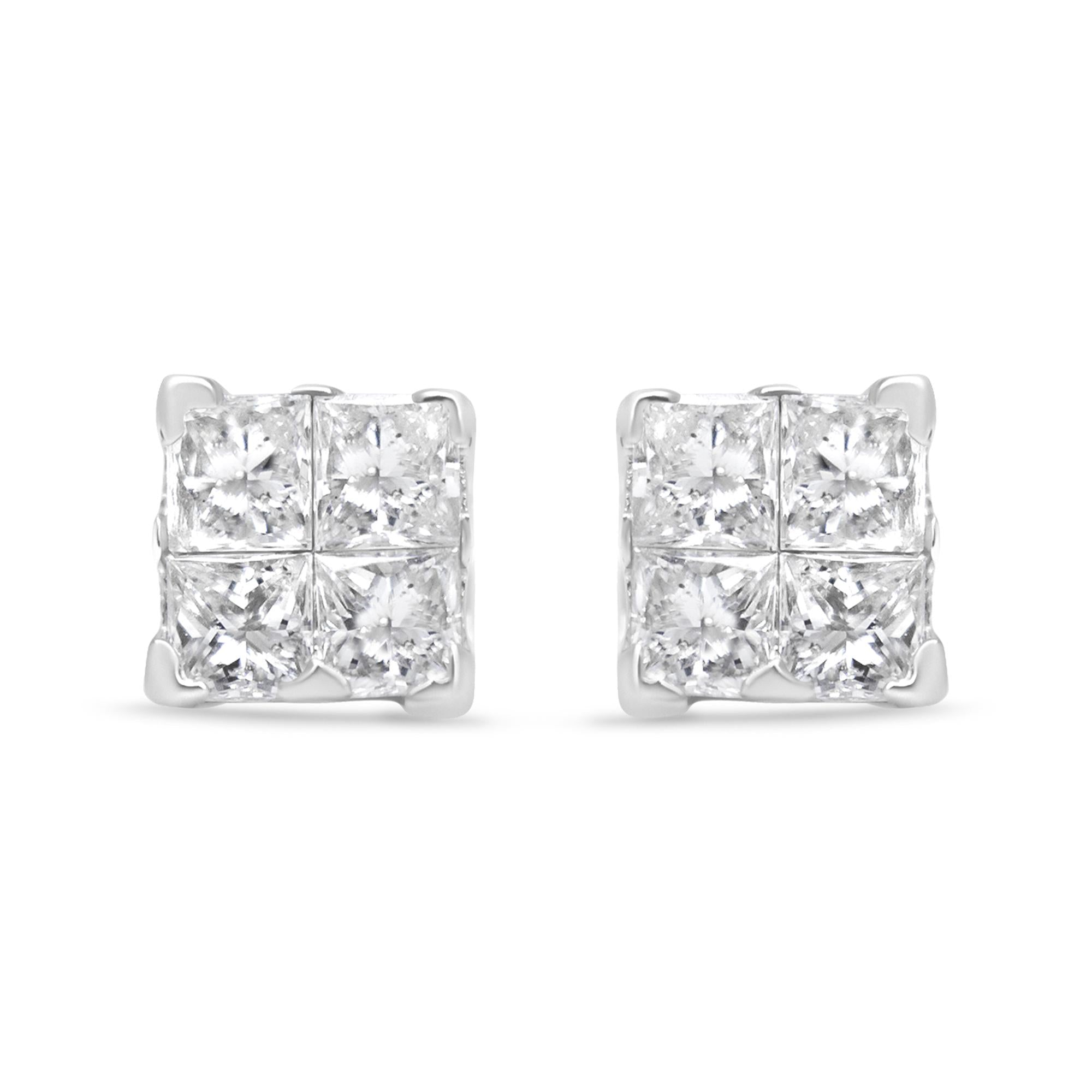 10K White Gold 1/2 cttw Princess-cut Diamond 4 Stone Composite Quad Stud Earring (H-I Color, I1-I2 Clarity)