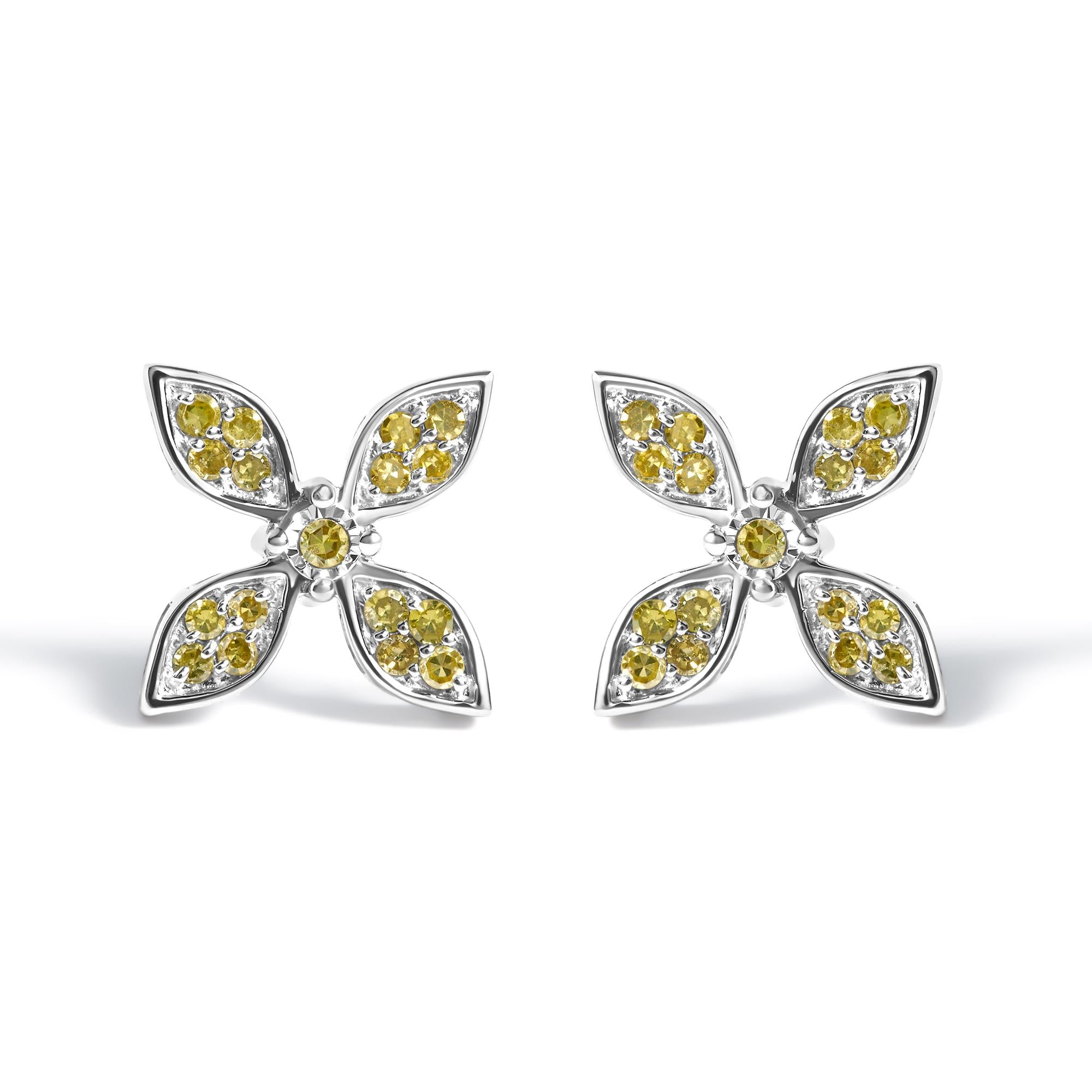 Sterling Silver Yellow Treated Diamond Accent Floral Stud Earrings