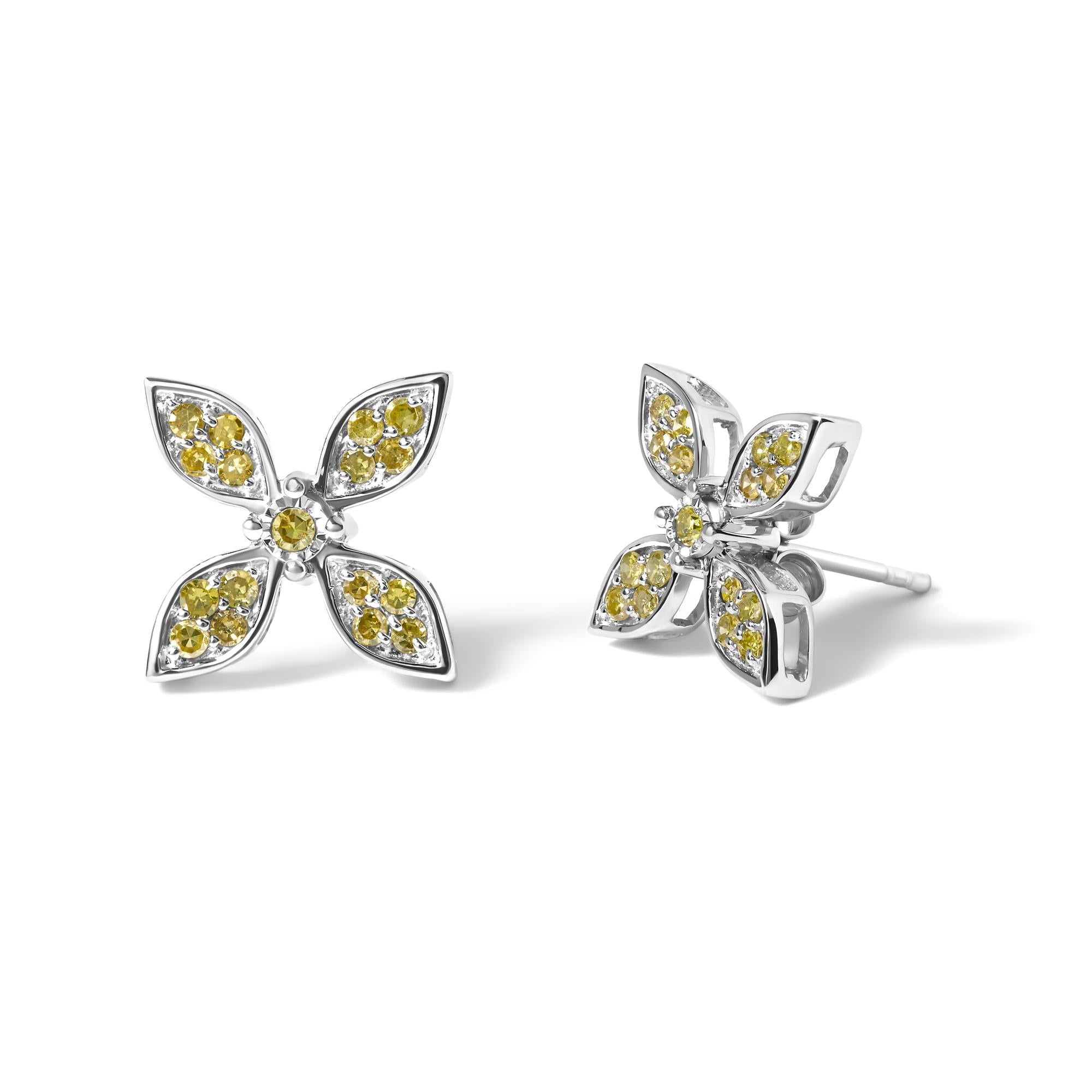 Sterling Silver Yellow Treated Diamond Accent Floral Stud Earrings