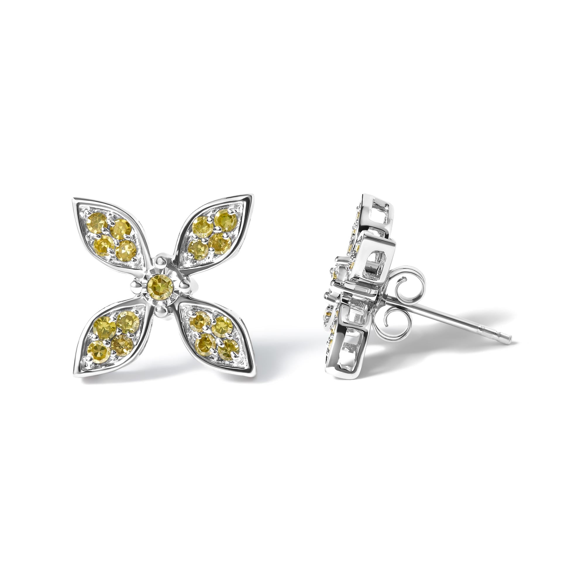 Sterling Silver Yellow Treated Diamond Accent Floral Stud Earrings