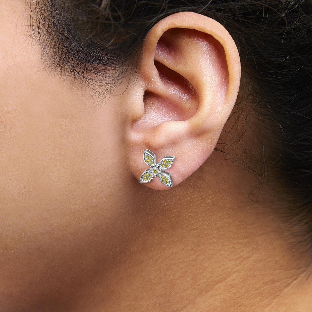 Sterling Silver Yellow Treated Diamond Accent Floral Stud Earrings