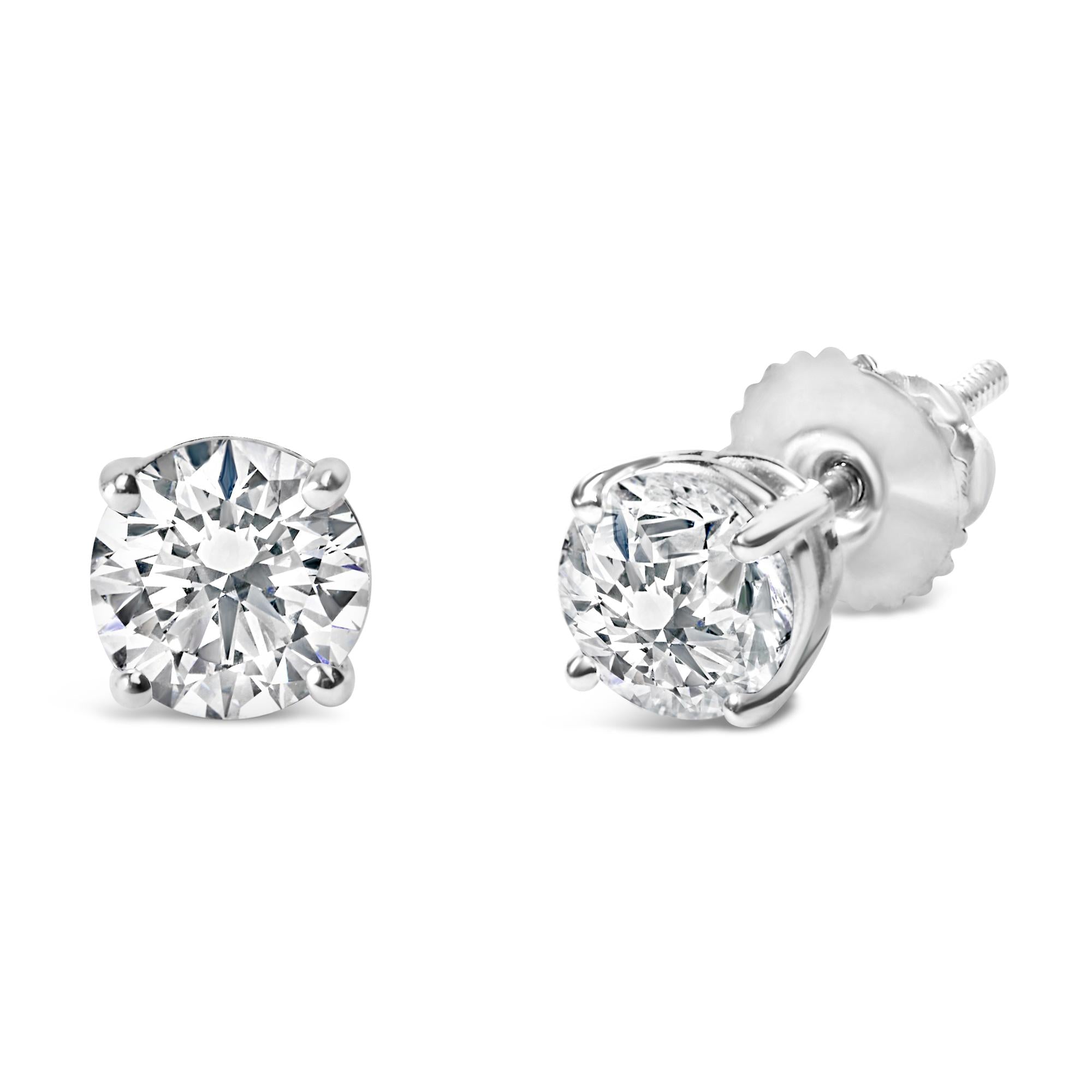 AGS Certified 14K White Gold 1.0 Cttw 4-Prong Set Brilliant Round-Cut Solitaire Diamond Push Back Stud Earrings (I-J Color, I1-I2 Clarity)