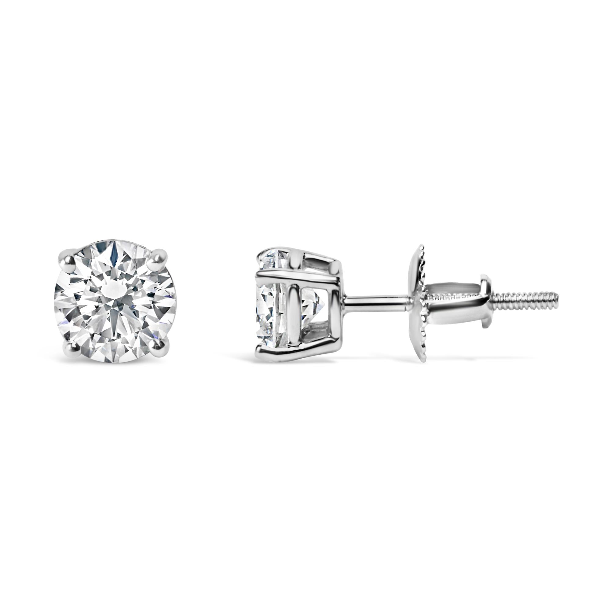 AGS Certified 14K White Gold 1.0 Cttw 4-Prong Set Brilliant Round-Cut Solitaire Diamond Push Back Stud Earrings (I-J Color, I1-I2 Clarity)
