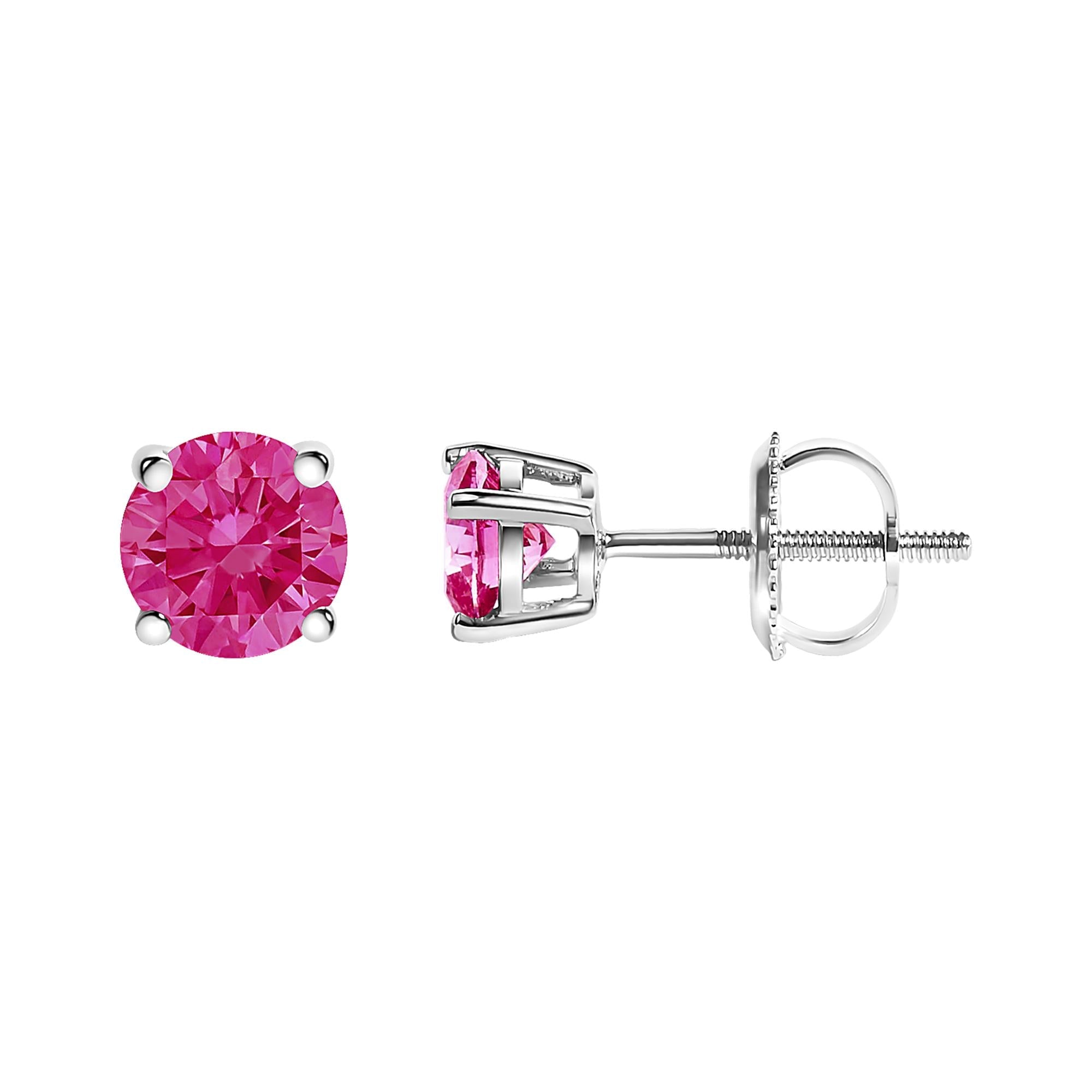 10K White Gold 1.0 Cttw Lab Created Round Brilliant Cut Pink Diamond Classic 4-Prong Solitaire Stud Earrings (Fancy Pink Color, VVS2-VS1 Clarity)