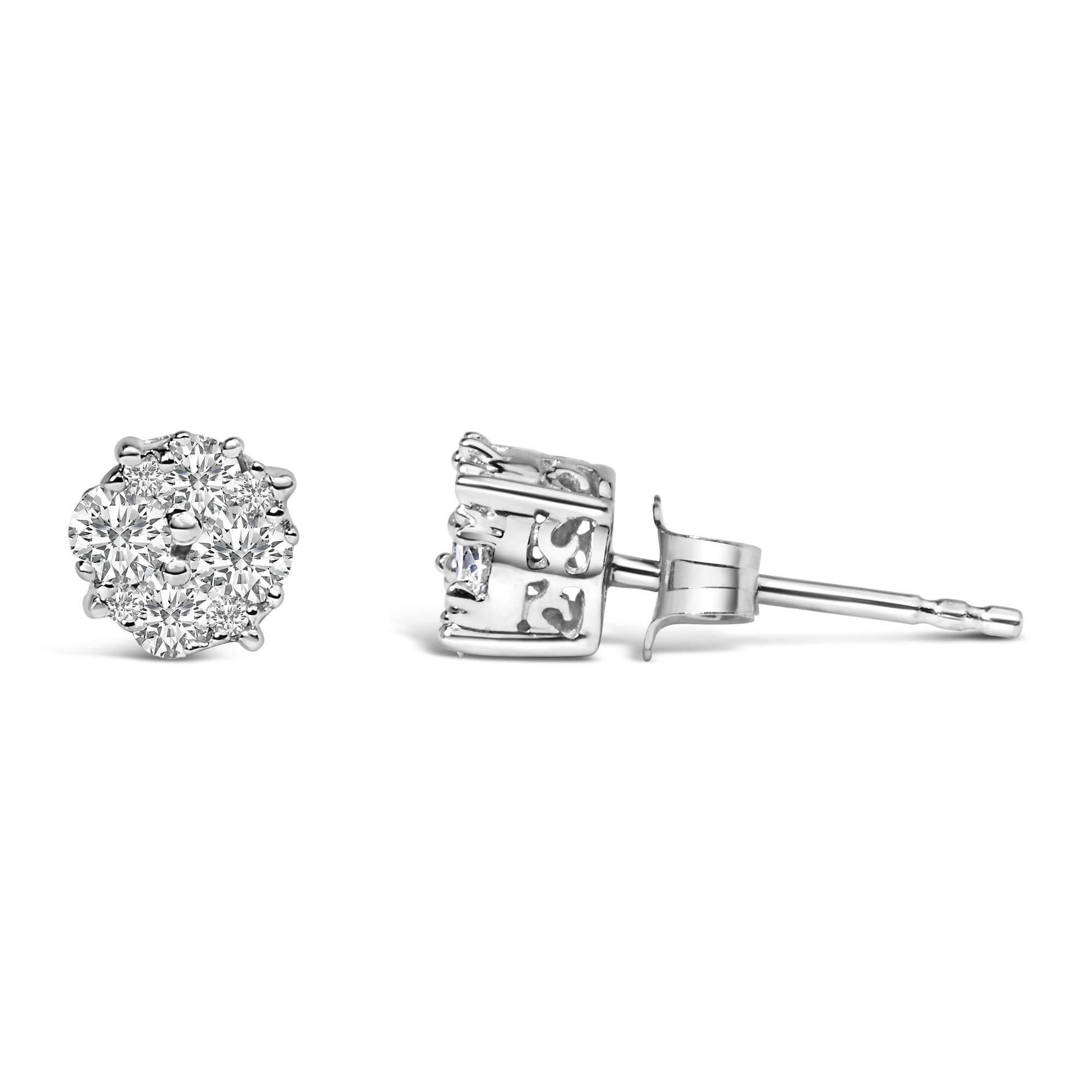 .925 Sterling Silver 1/2 cttw Prong Set Round-Cut Diamond Cluster Stud Earring (I-J Color, I2-I3 Clarity)