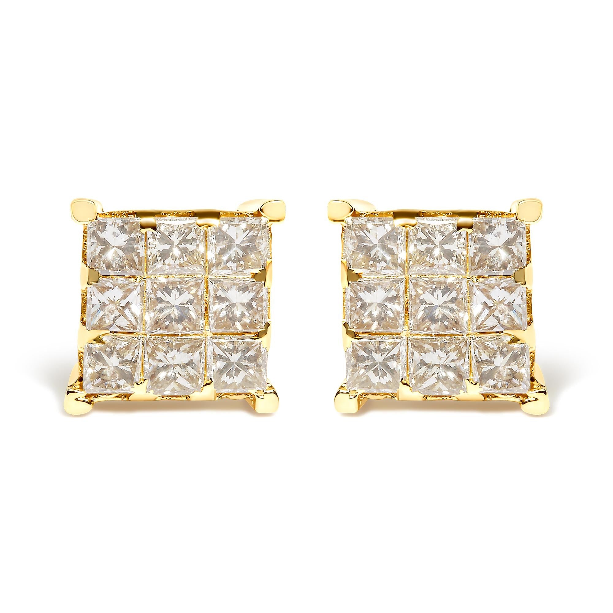 14K Yellow Gold 1 1/2 Cttw Invisible Set Princess-Cut Diamond 9 Stone Square Stud Earrings (J-K Color, SI2-I1 Clarity)